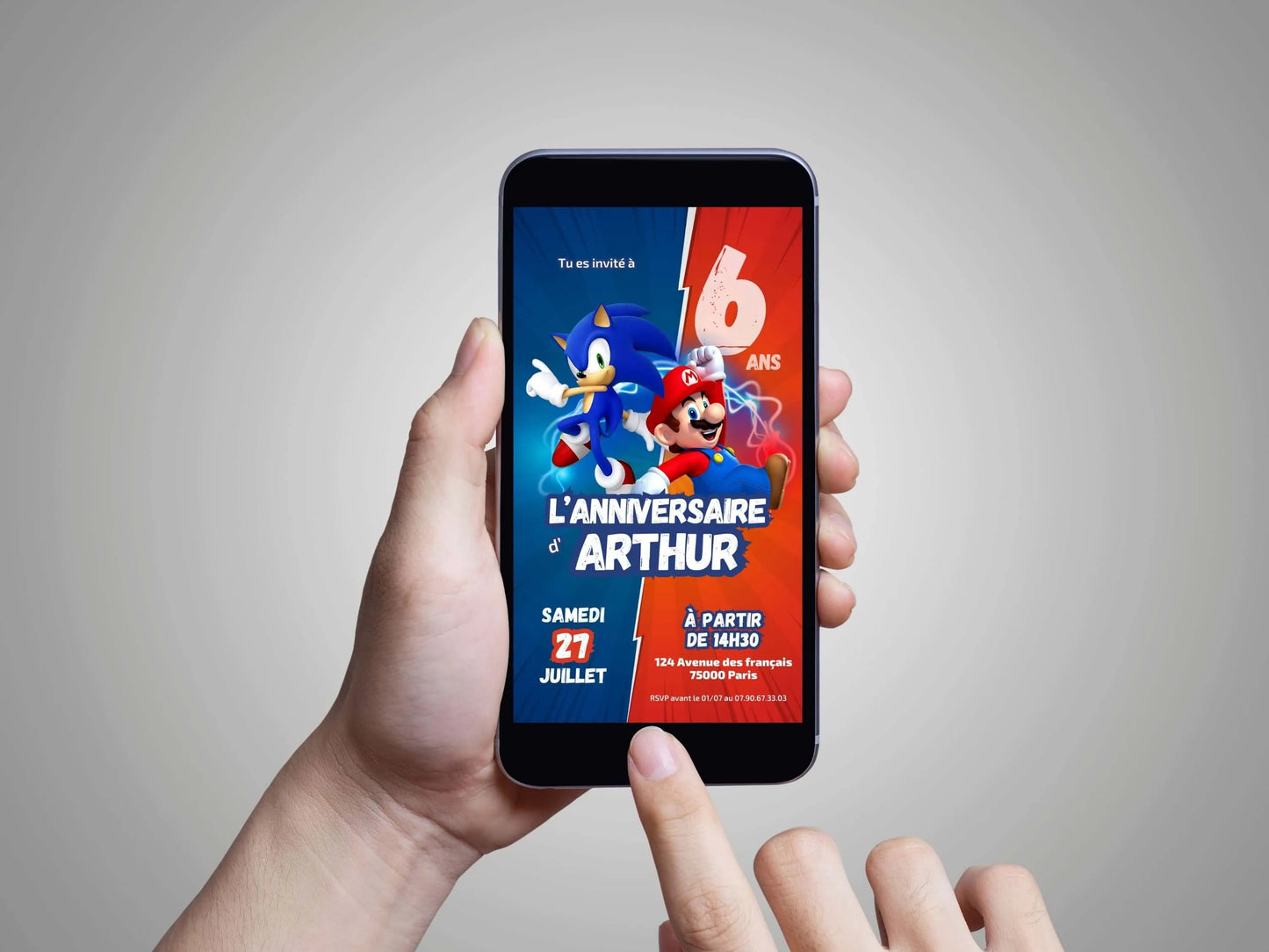 Invitation mobile anniversaire personnalisée MARIO & SONIC