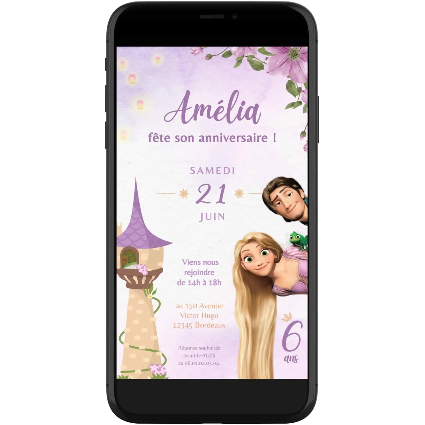 Invitation mobile anniversaire personnalisée PRINCESSE RAIPONCE