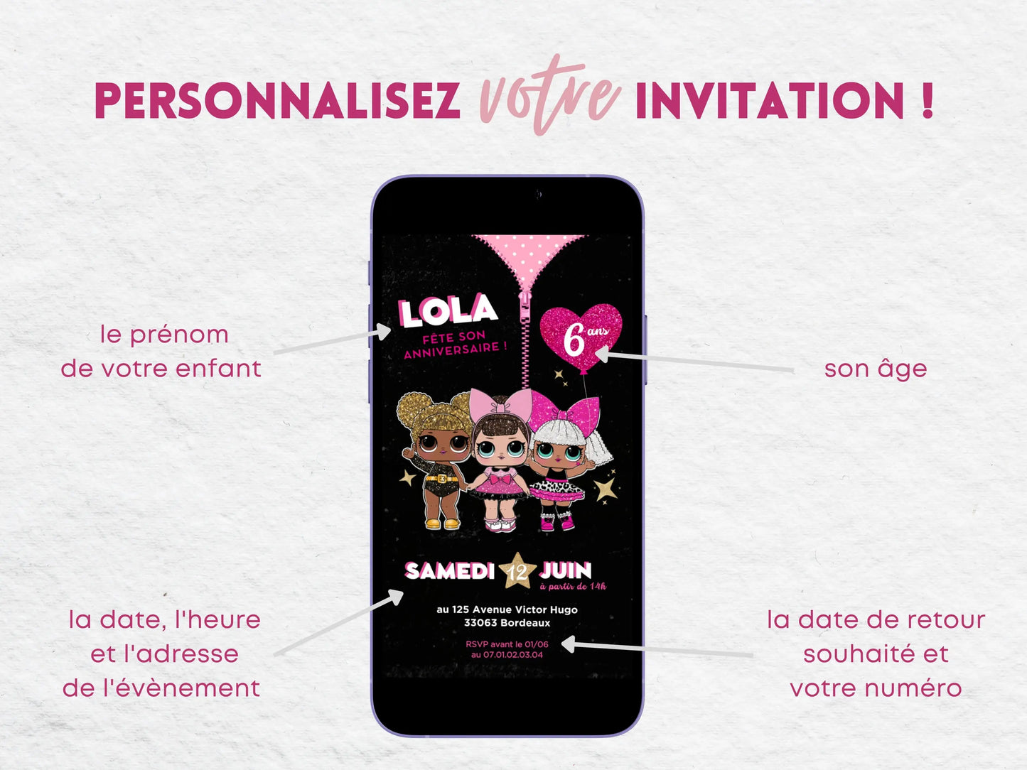 Invitation mobile personnalisée anniversaire POUPÉE LOL