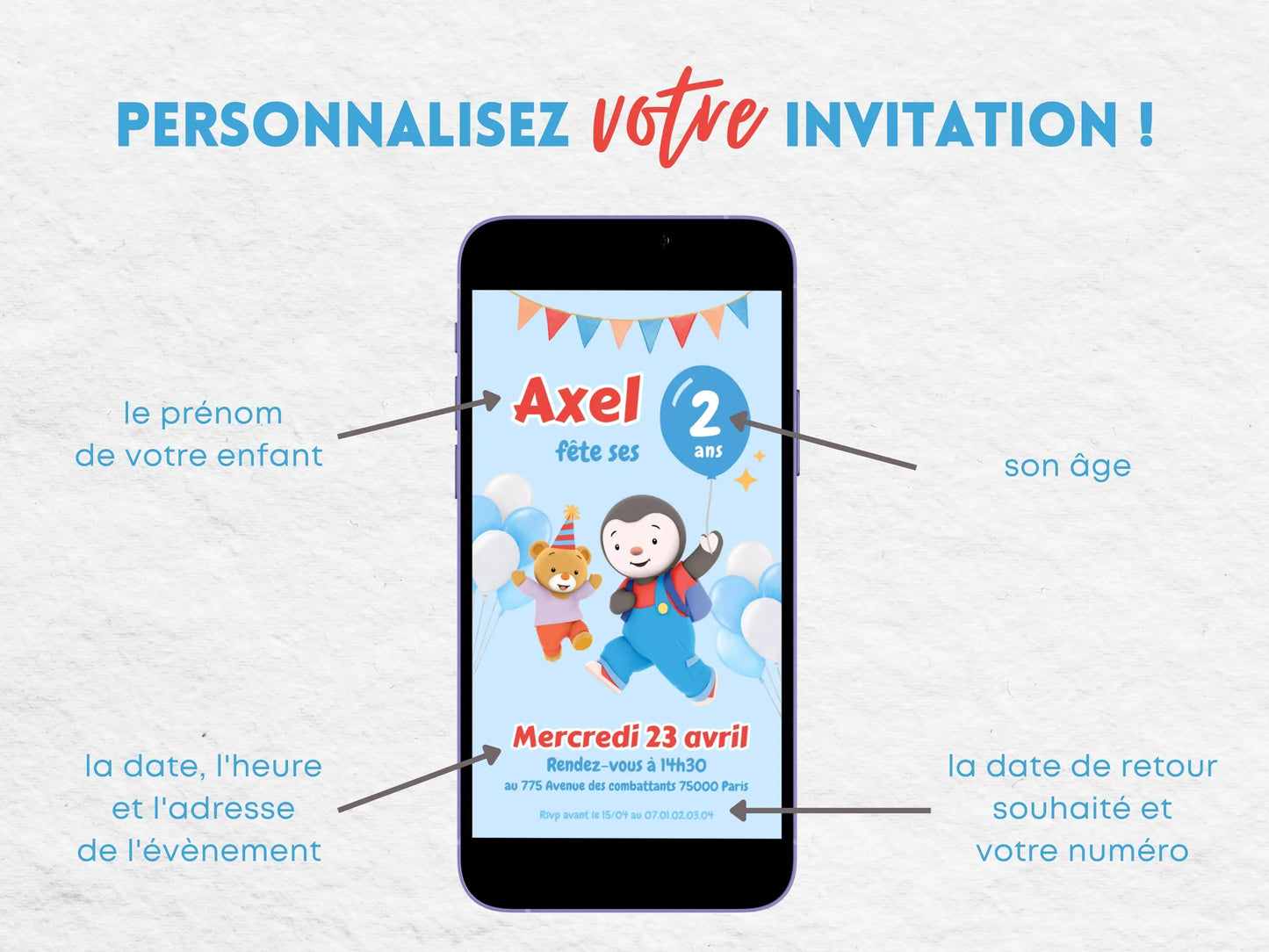 Invitation mobile personnalisée anniversaire TCHOUPI