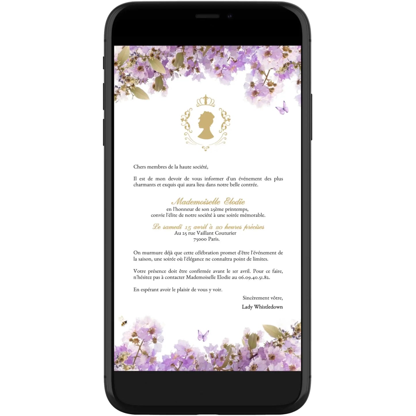 Invitation mobile personnalisée avec fleurs anniversaire BRIDGERTON violet