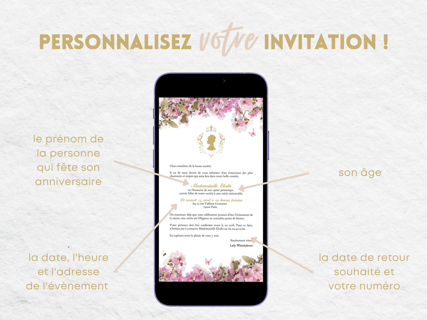 Invitation mobile personnalisée avec fleurs anniversaire BRIDGERTON