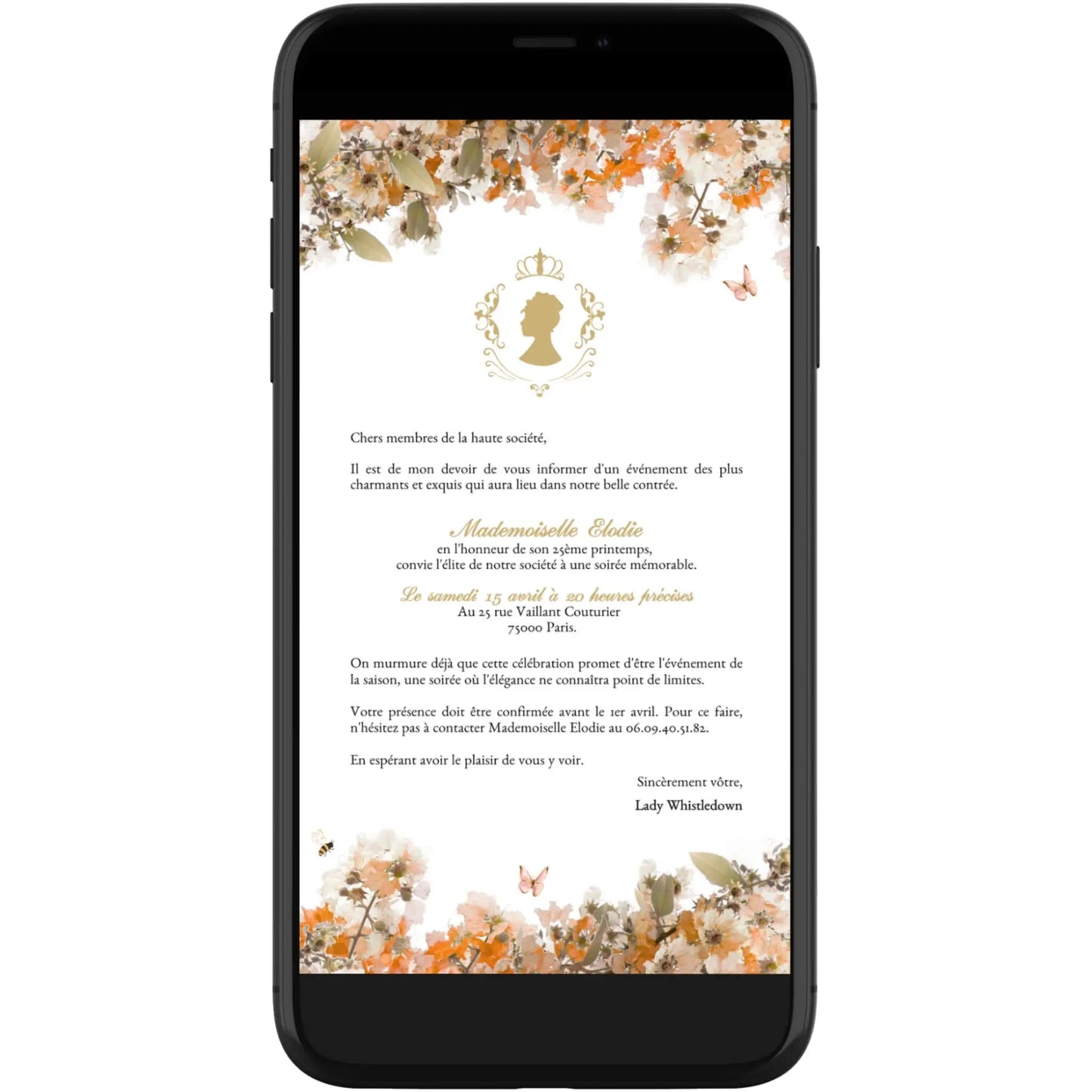 Invitation mobile personnalisée avec fleurs anniversaire BRIDGERTON orange