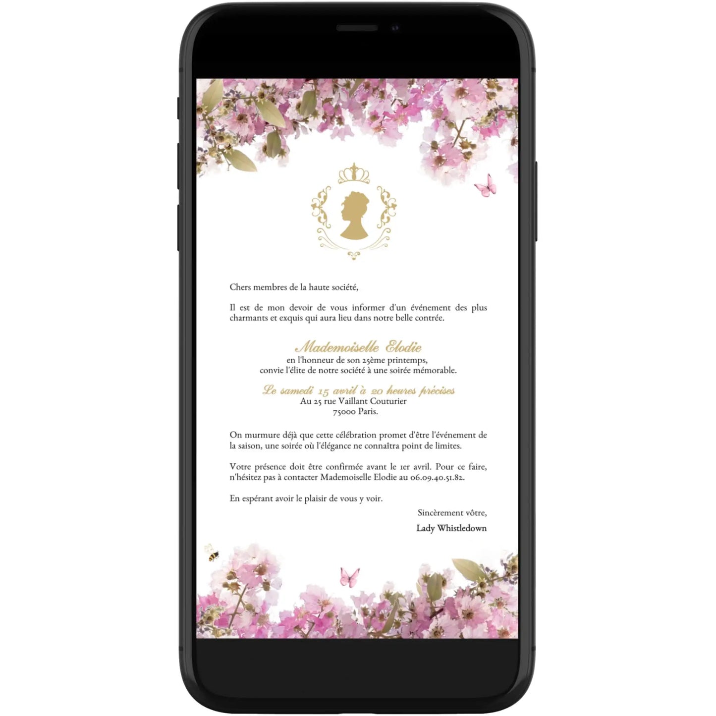 Invitation mobile personnalisée avec fleurs anniversaire BRIDGERTON rose