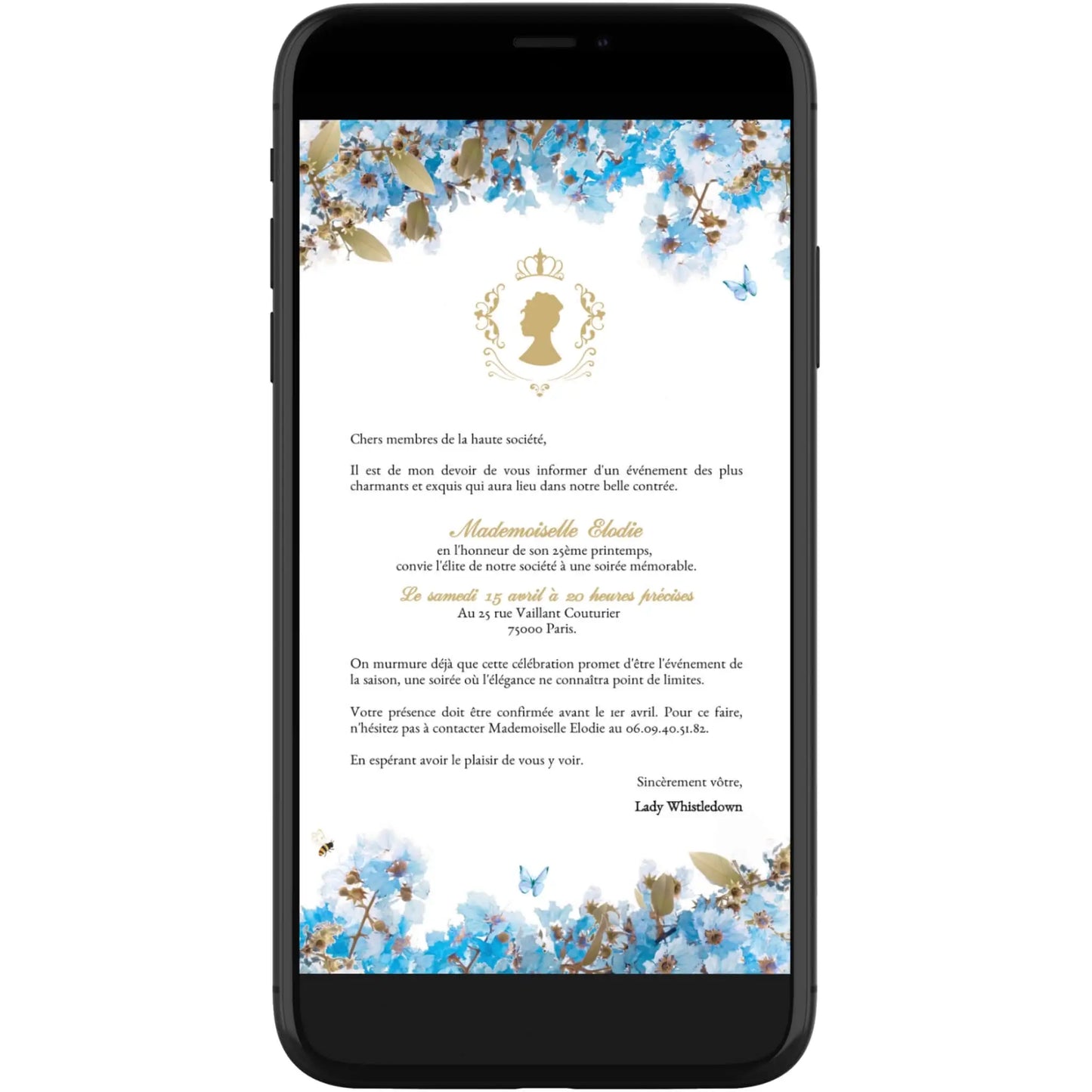 Invitation mobile personnalisée avec fleurs anniversaire BRIDGERTON bleu