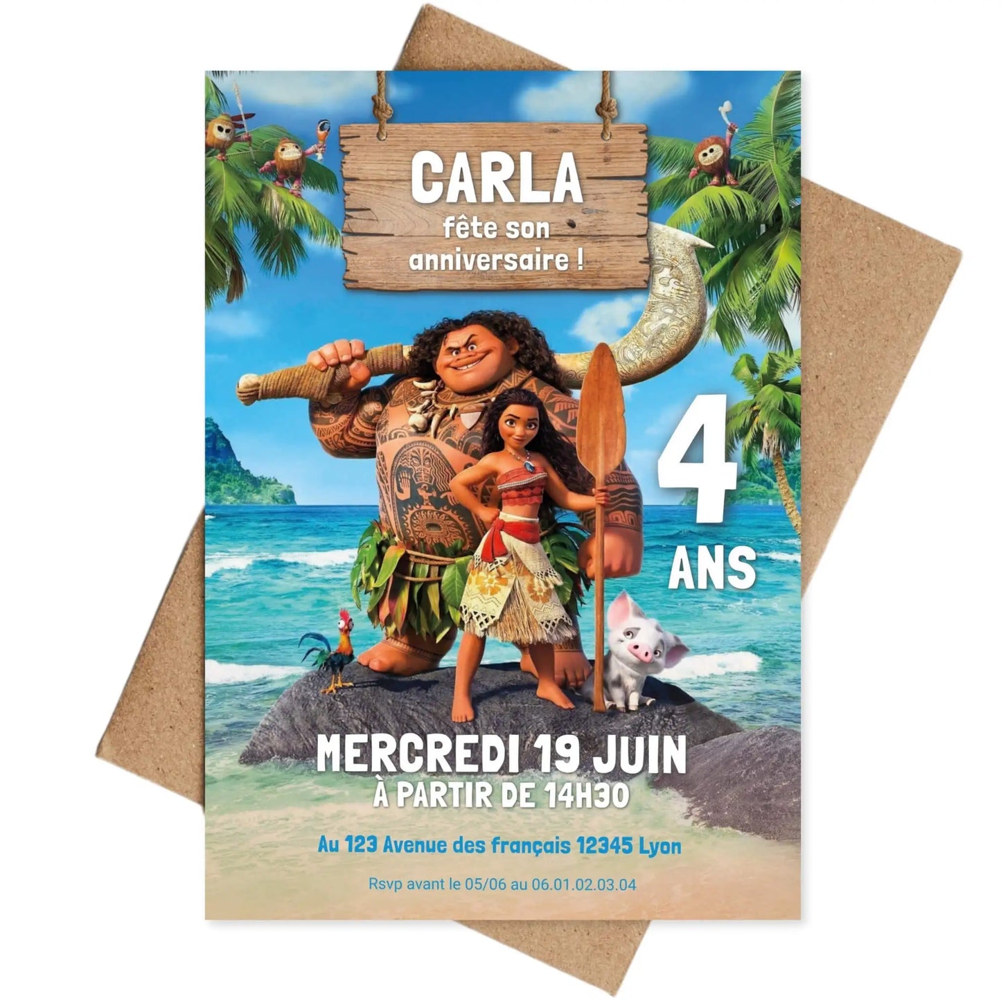 Invitations anniversaire 4 ans personnalisées VAIANA