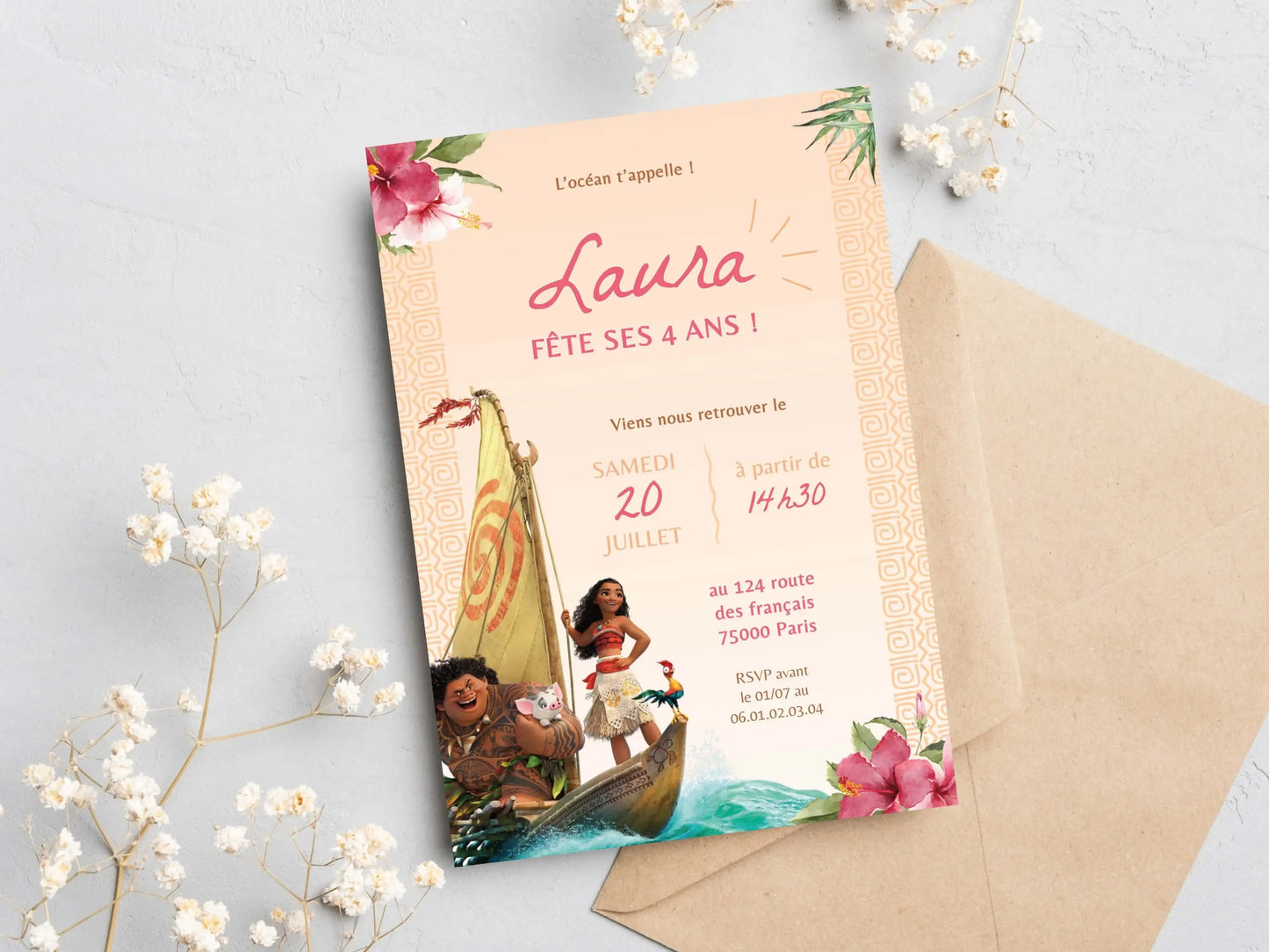 Invitations anniversaire fille 4 ans personnalisées VAIANA Moana