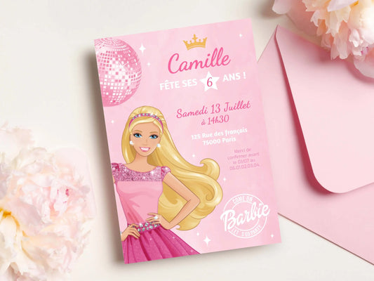 Invitations anniversaire rose personnalisées BARBIE fille 6 ans