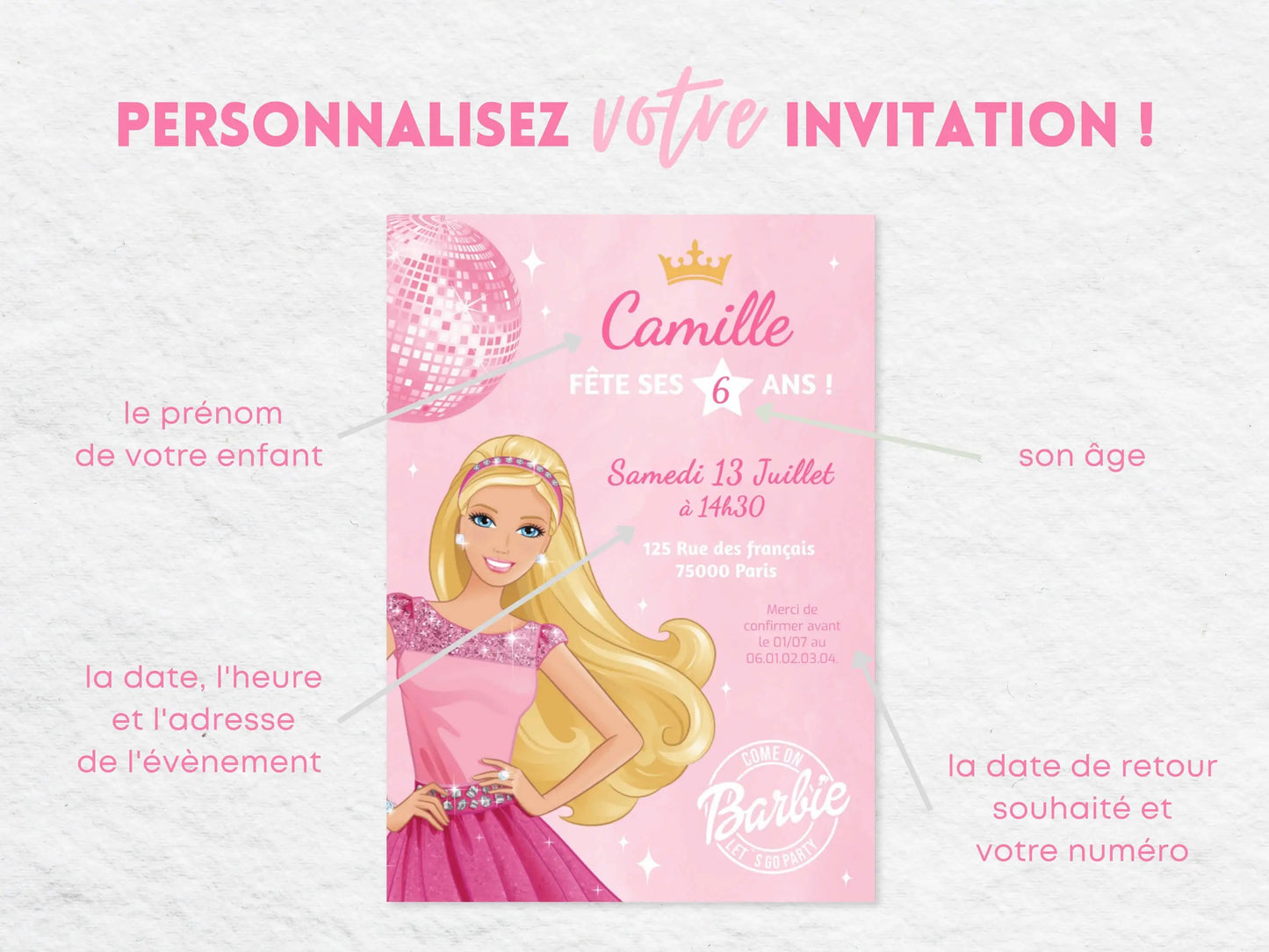 Invitations anniversaire personnalisées BARBIE