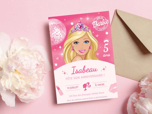 Invitations anniversaire personnalisées PRINCESSE BARBIE fille 5 ans