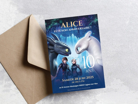 Invitations anniversaire personnalisées DRAGON Krokmou, Furie Éclair, Harold et Astrid