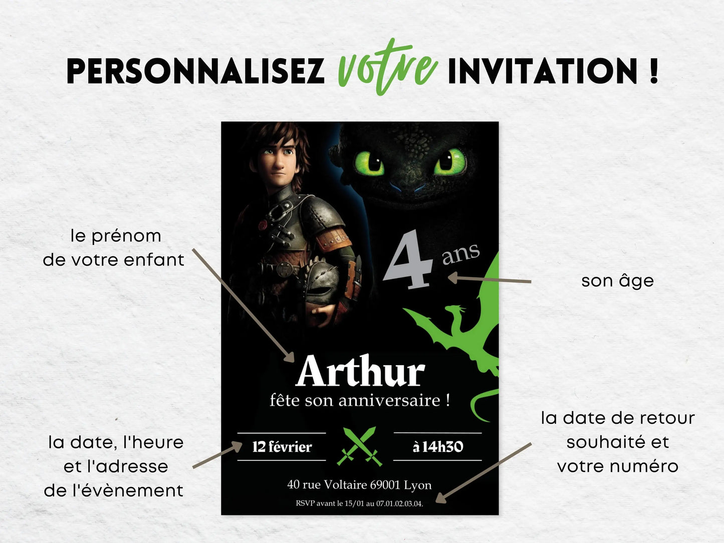 Invitations anniversaire personnalisées DRAGON Krokmou garçon 4 ans