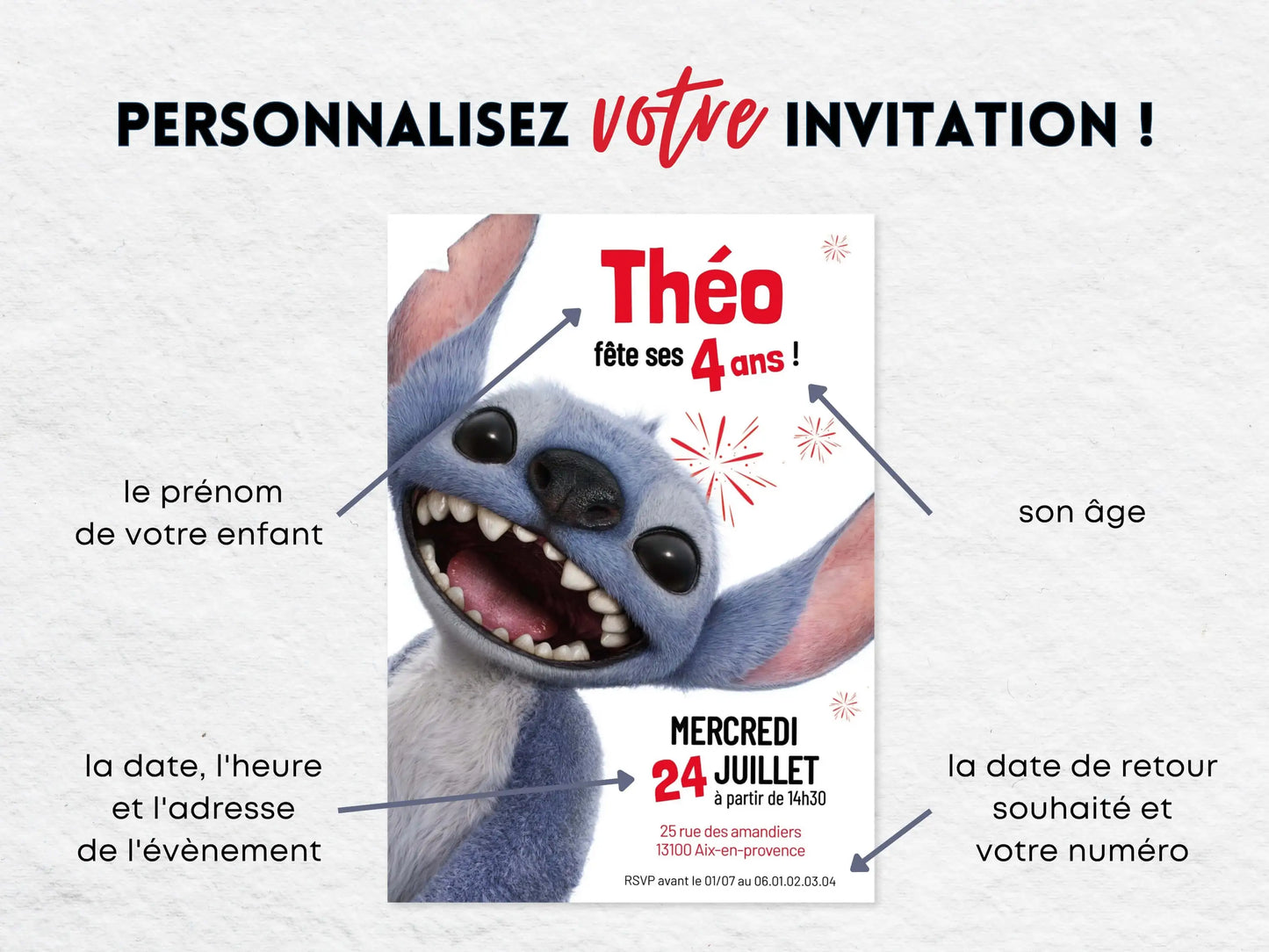 Invitations anniversaire personnalisées FILM STITCH
