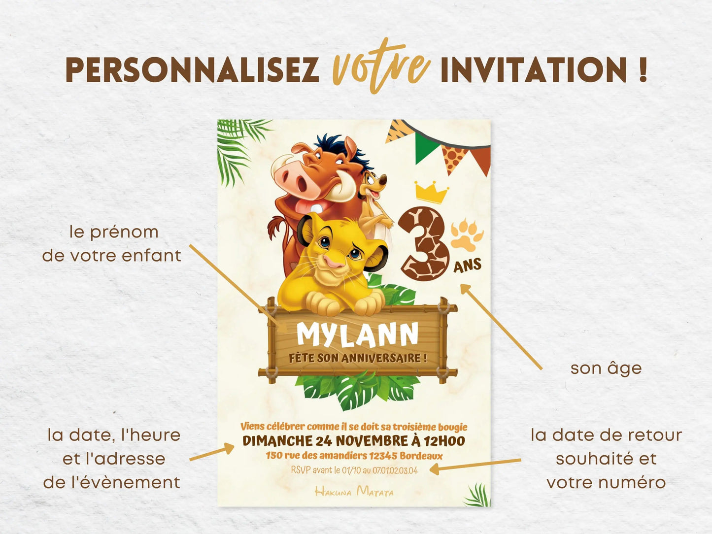 Invitations anniversaire personnalisées LE ROI LION