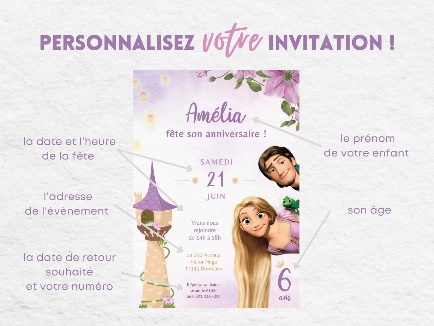 Invitations anniversaire personnalisées PRINCESSE RAIPONCE