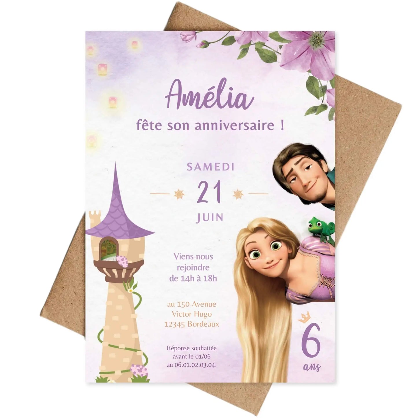 Invitations anniversaire personnalisées PRINCESSE RAIPONCE