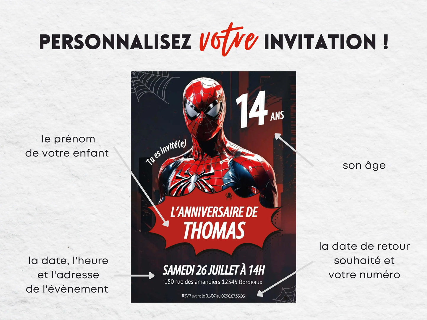Invitations anniversaire personnalisées SPIDERMAN