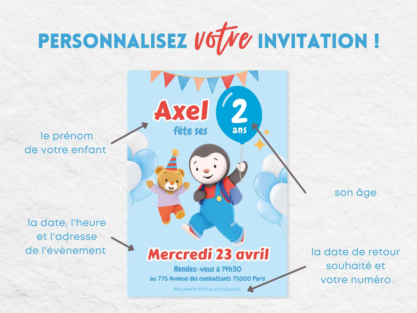Invitations anniversaire personnalisées TCHOUPI