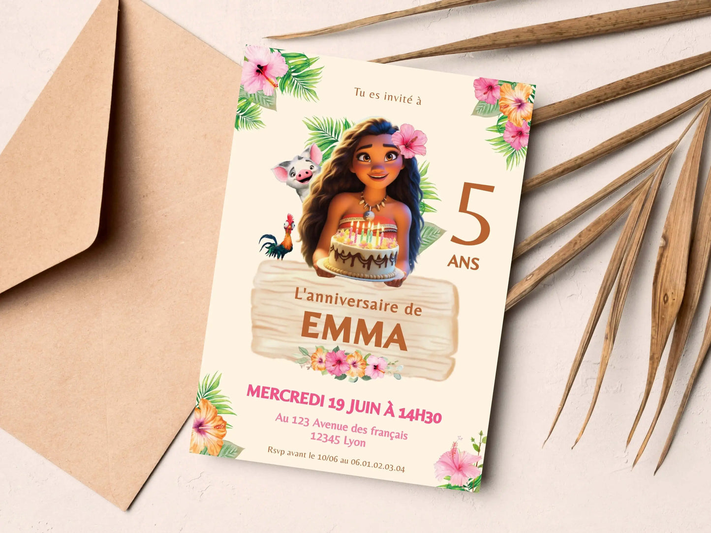 Invitations anniversaire tropical personnalisées VAIANA
