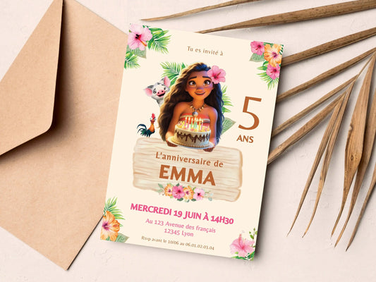 Invitations anniversaire tropical personnalisées VAIANA