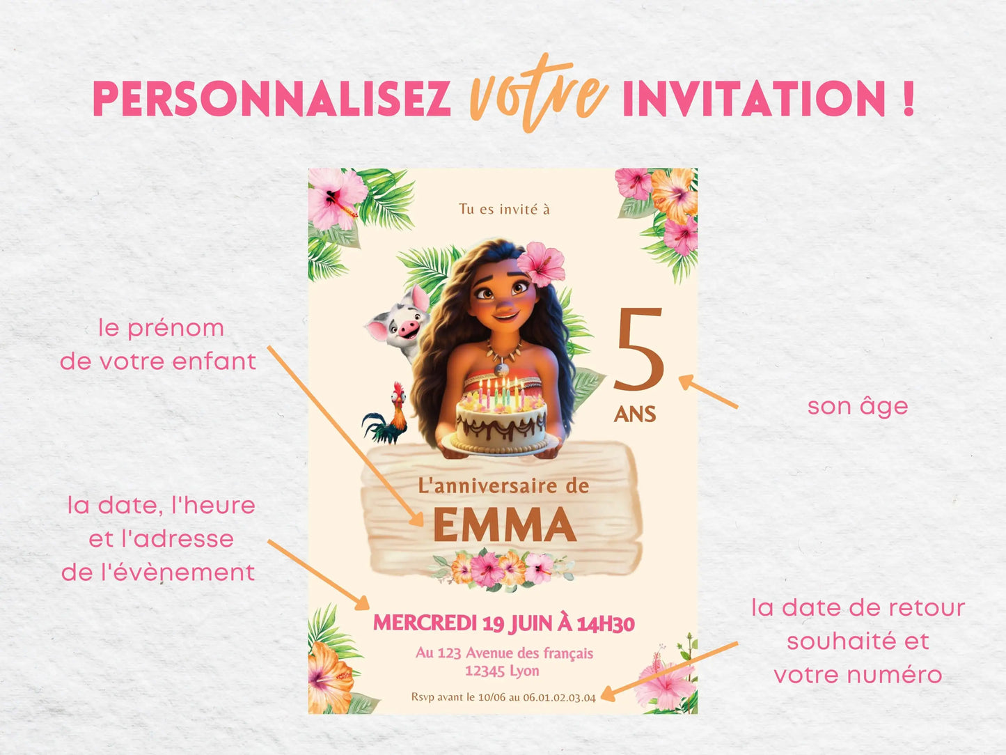 Invitations anniversaire fille personnalisées VAIANA