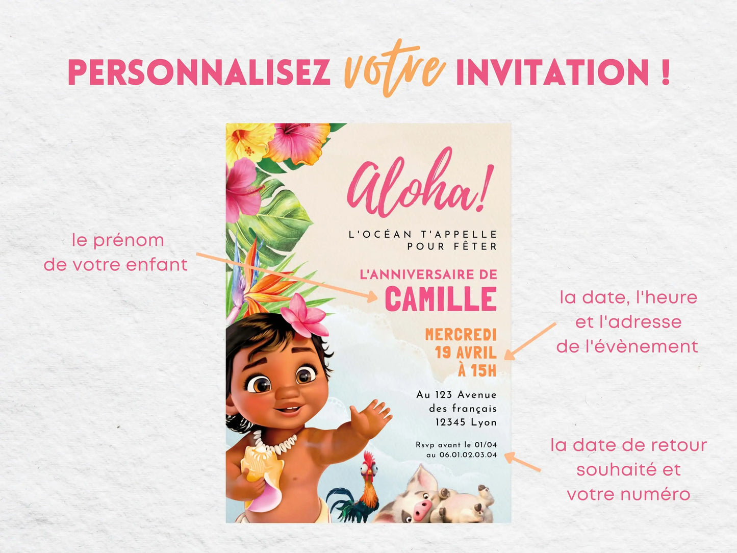 Invitations anniversaire personnalisées VAIANA MOANA