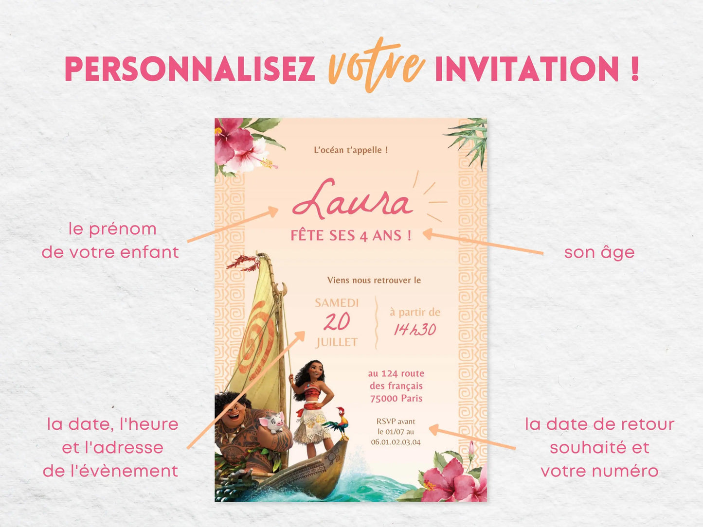 Invitations anniversaire personnalisées VAIANA Moana