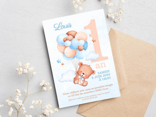 Invitations personnalisées OURSON BLEU Modele 2