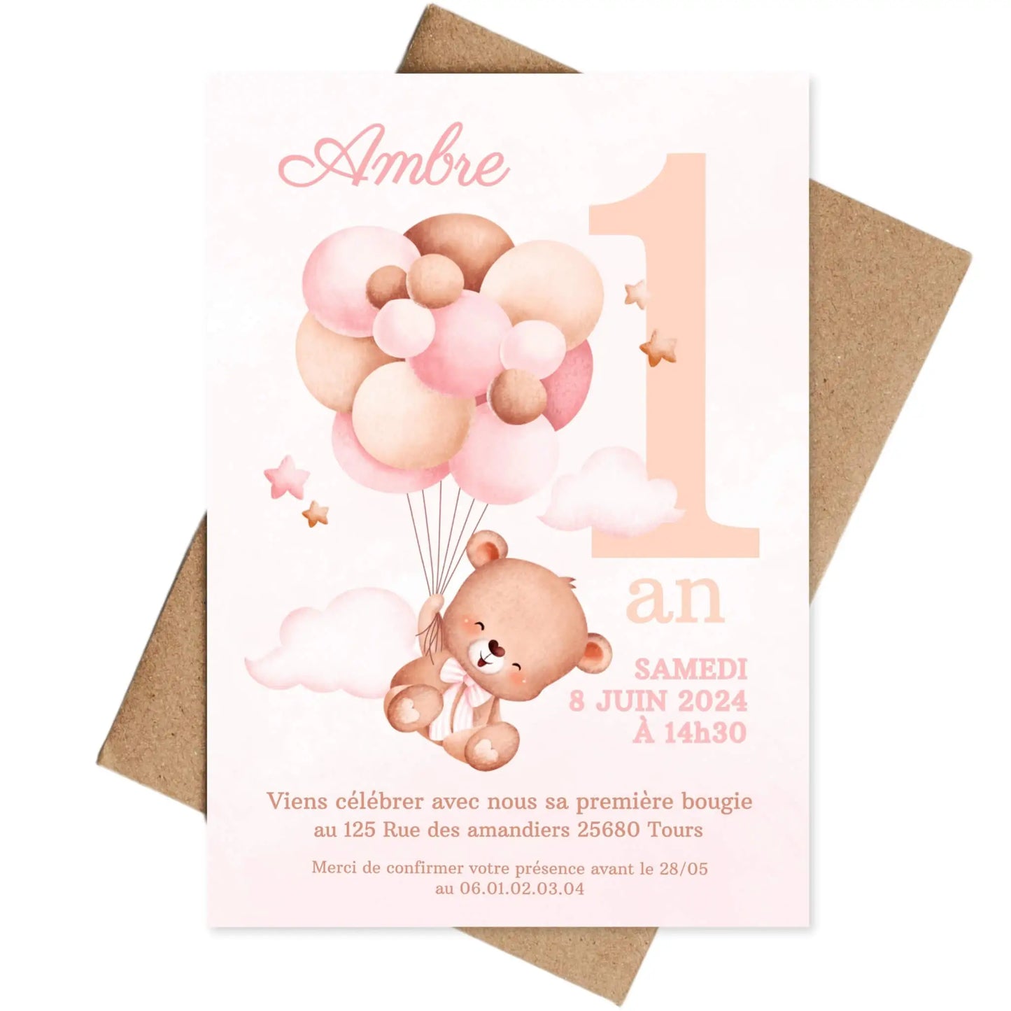 Invitations personnalisées OURSON ROSE