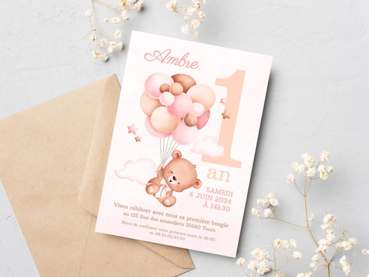 Invitations personnalisées OURSON ROSE