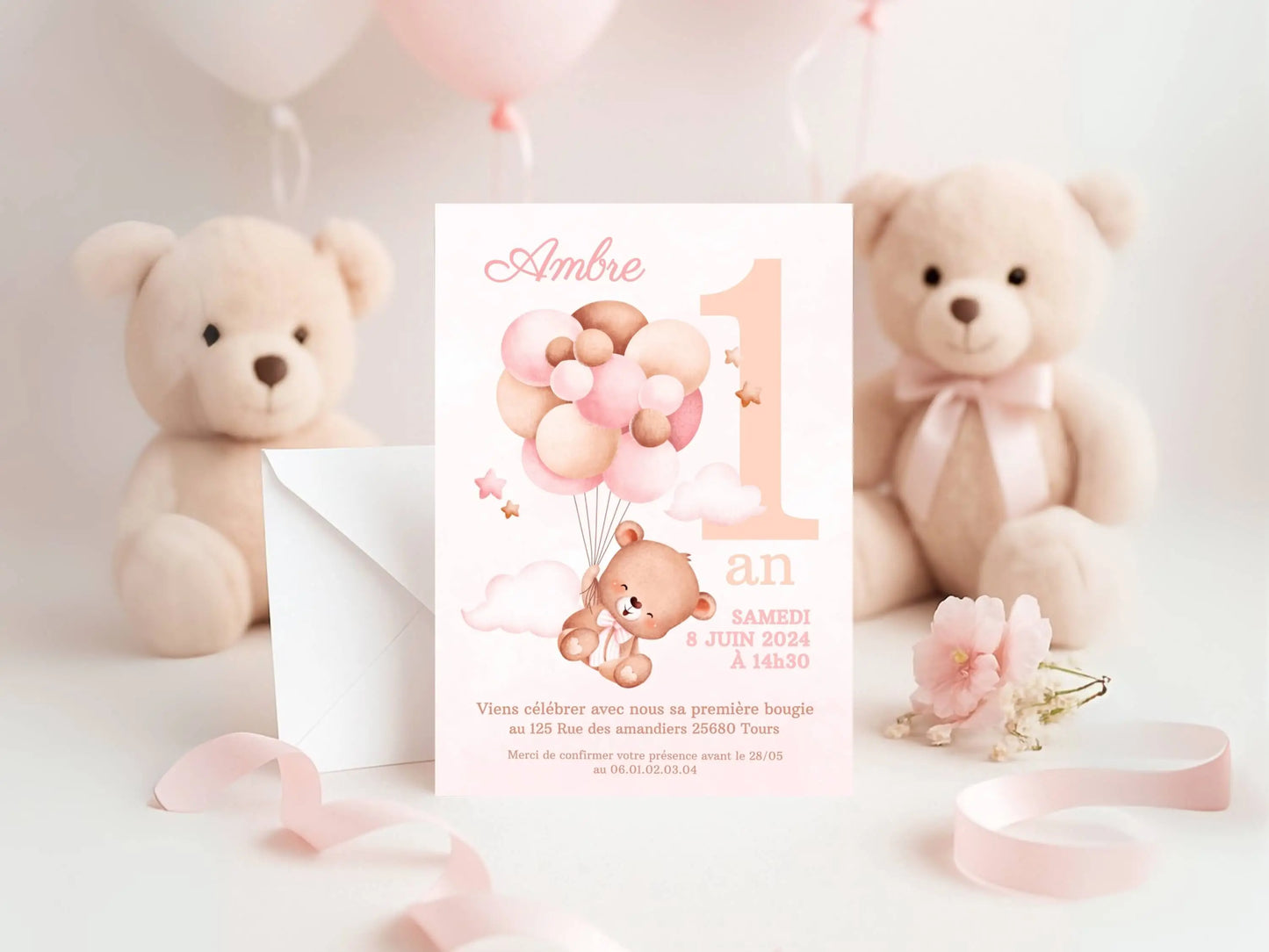 Invitations personnalisées OURSON ROSE anniversaire bébé fille 1 an