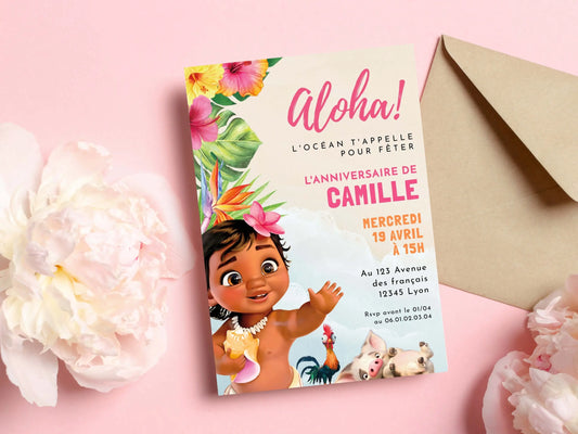 Invitations anniversaire fille personnalisées VAIANA MOANA