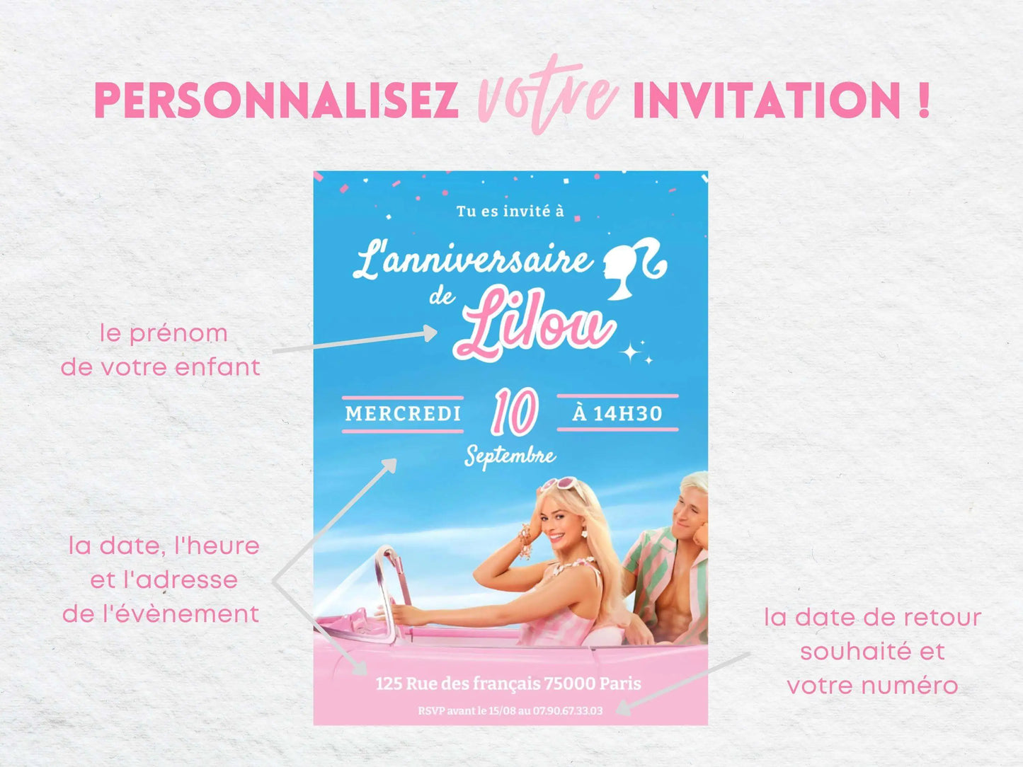 Invitations personnalisées anniversaire BARBIE FILM