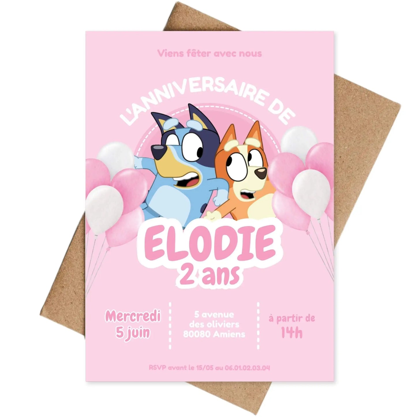 Invitations personnalisées anniversaire BLUEY rose