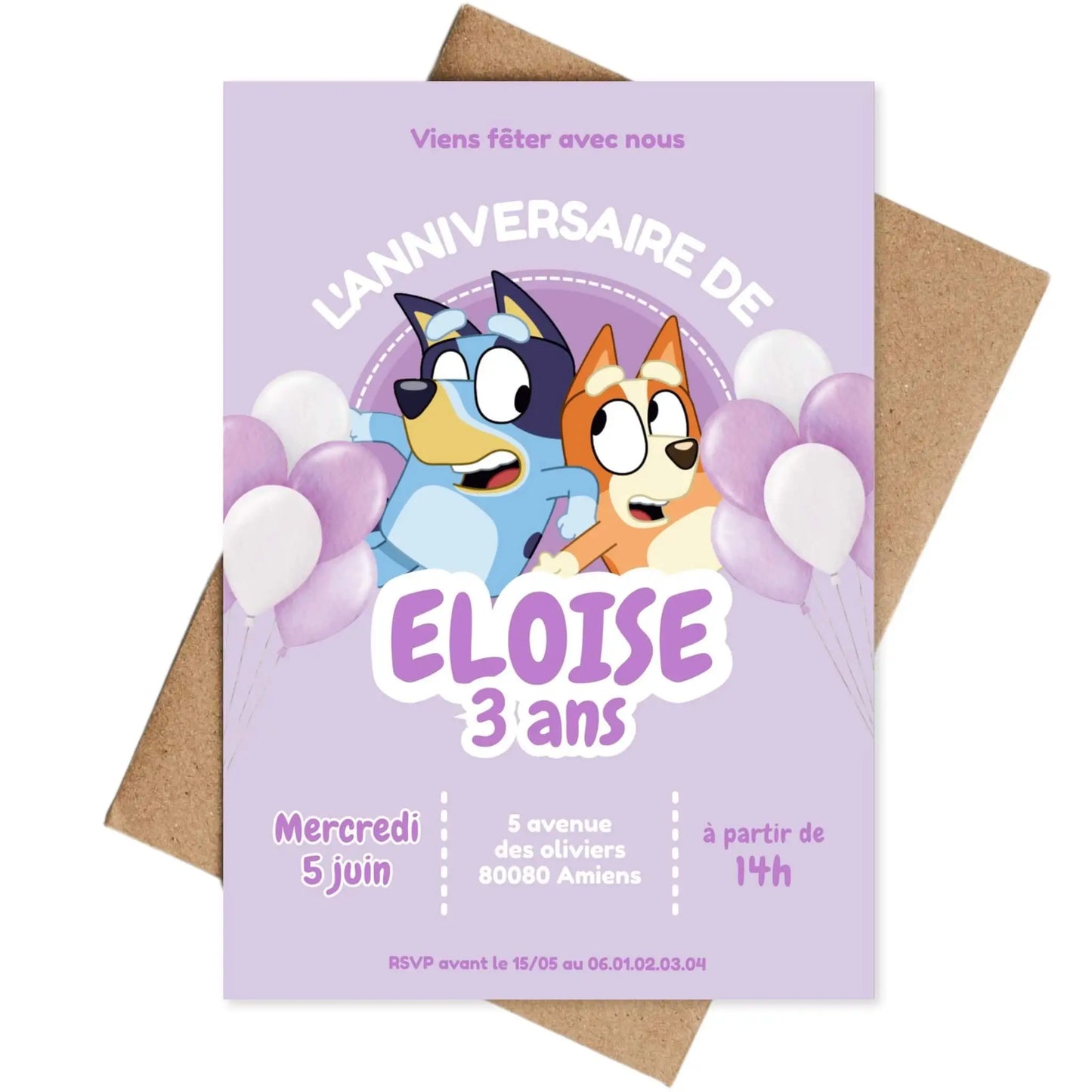 Invitations personnalisées anniversaire BLUEY violet