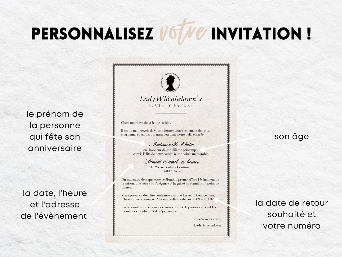 Invitations personnalisées anniversaire BRIDGERTON