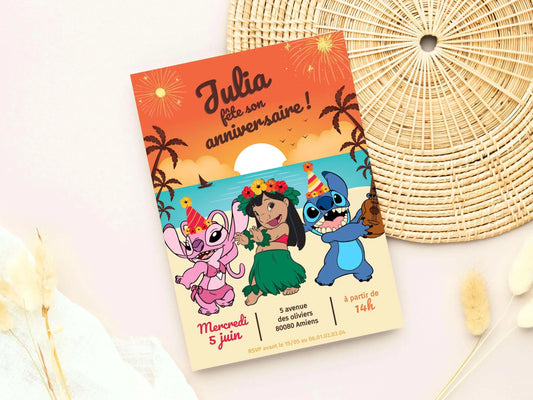 Invitations personnalisées anniversaire LILO, STITCH et ANGEL