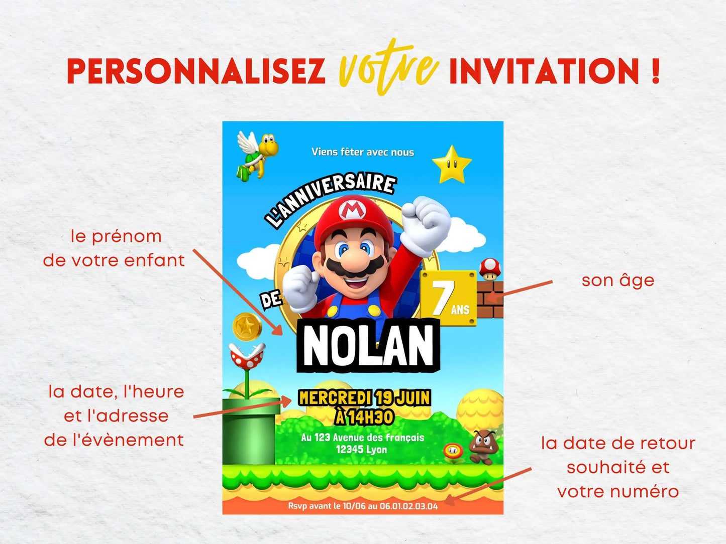Invitations personnalisées anniversaire MARIO