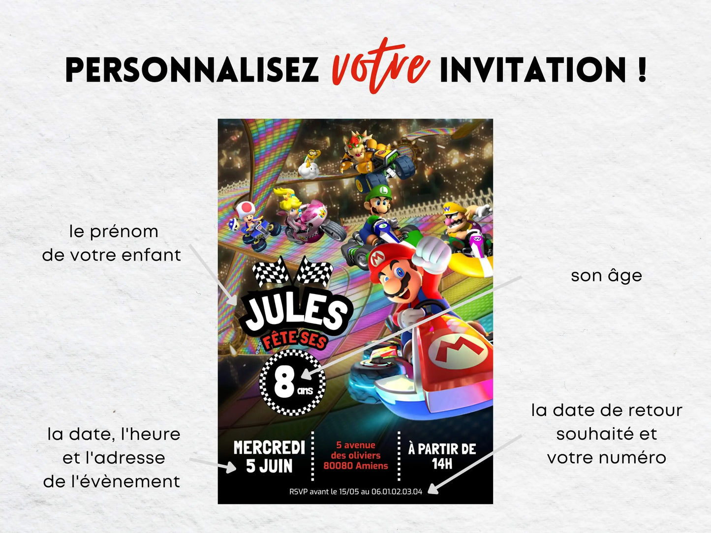 Invitations personnalisées anniversaire MARIO KART