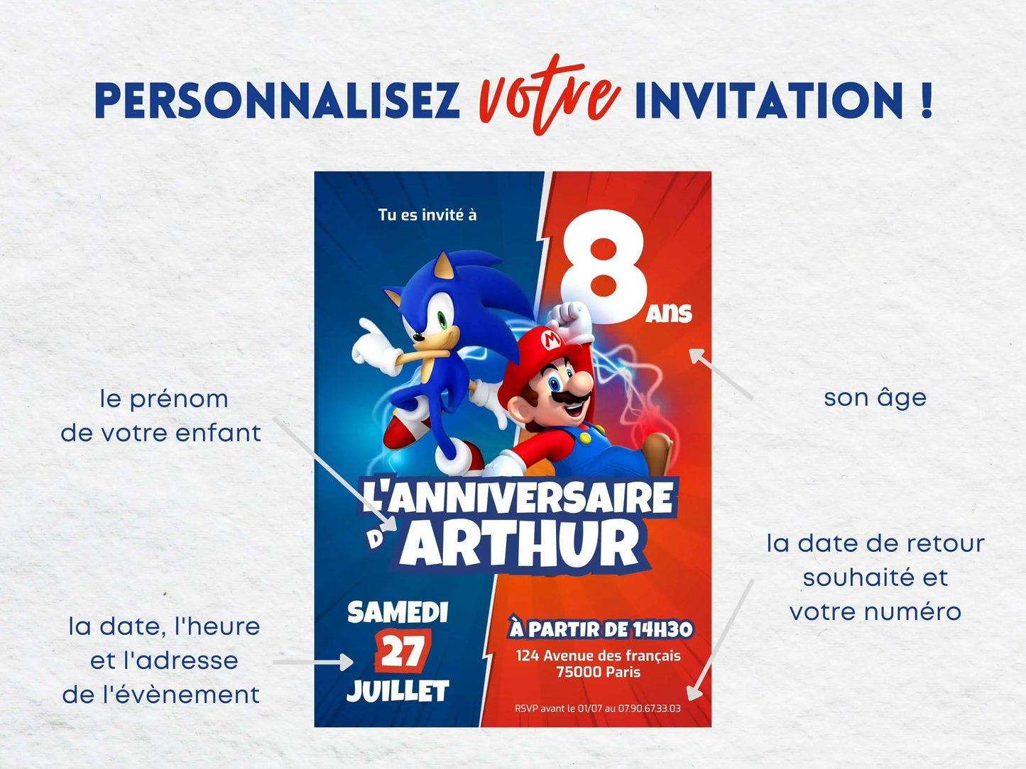 Invitations personnalisées anniversaire MARIO & SONIC