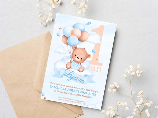 Invitations personnalisées anniversaire OURSON BLEU