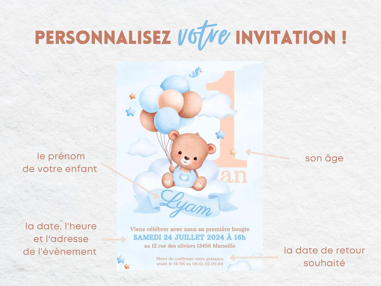 Invitations personnalisées anniversaire OURSON BLEU