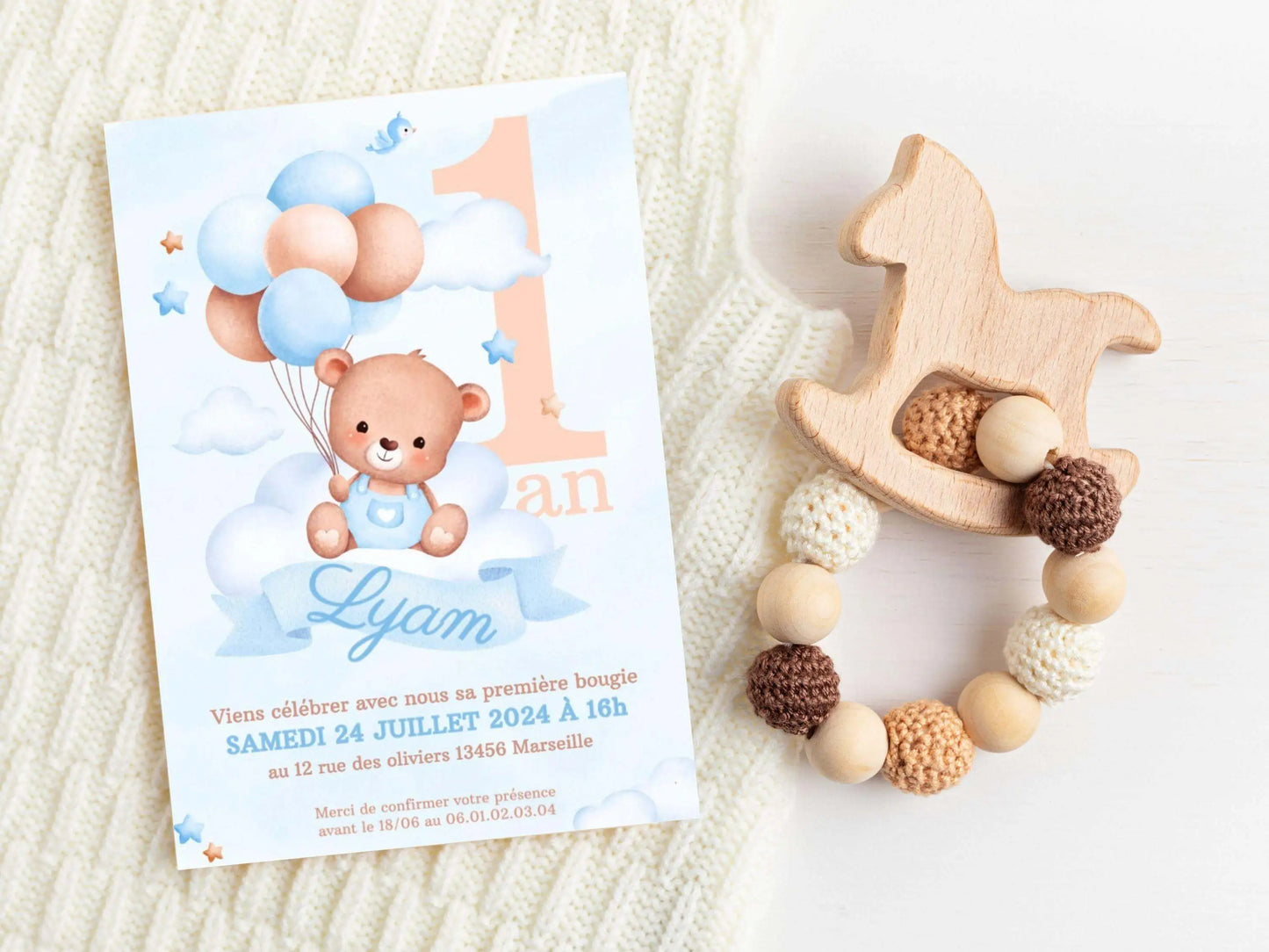 Invitations personnalisées anniversaire OURSON BLEU