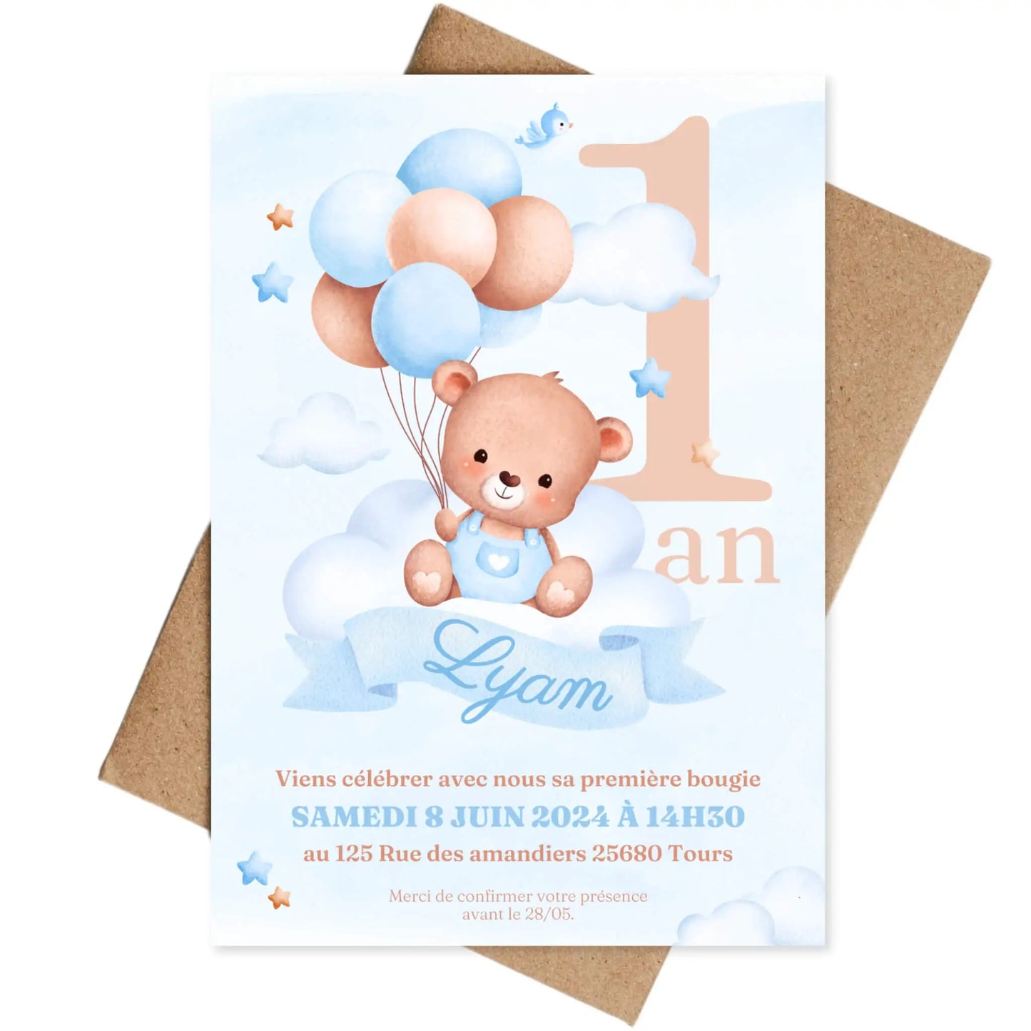 Invitations personnalisées anniversaire OURSON BLEU