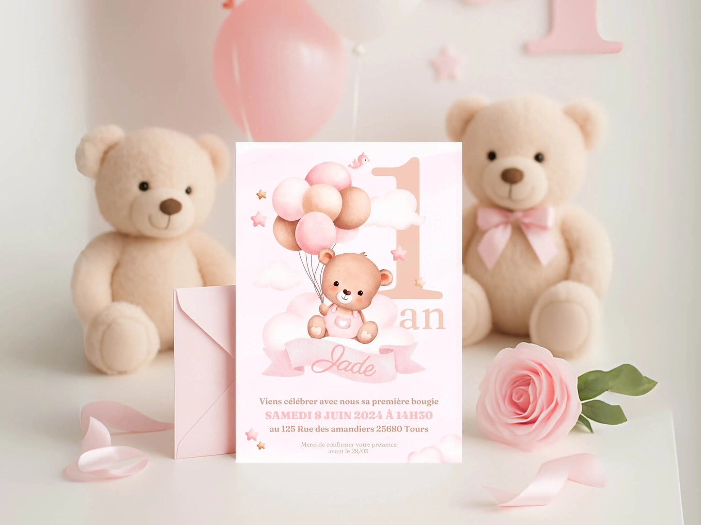 Invitations personnalisées anniversaire 1 an bébé fille OURSON ROSE