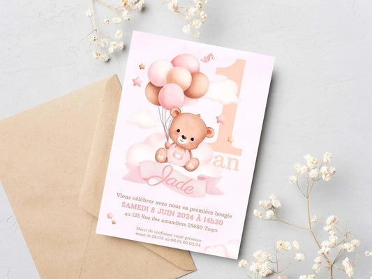 Invitations personnalisées anniversaire OURSON ROSE