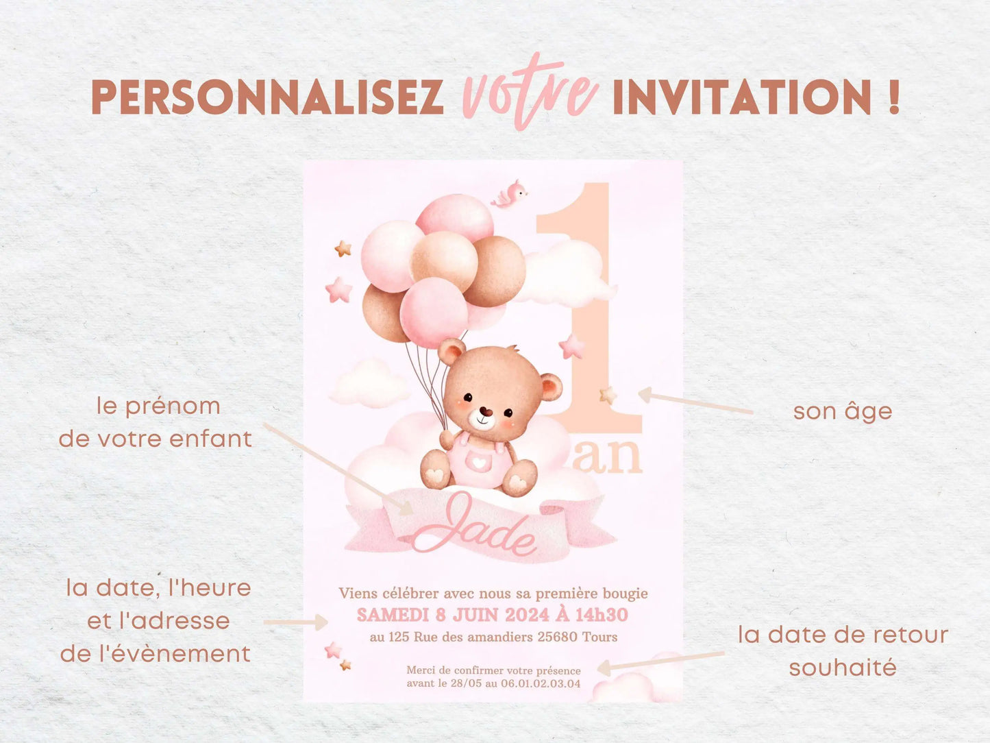 Invitations personnalisées anniversaire OURSON ROSE