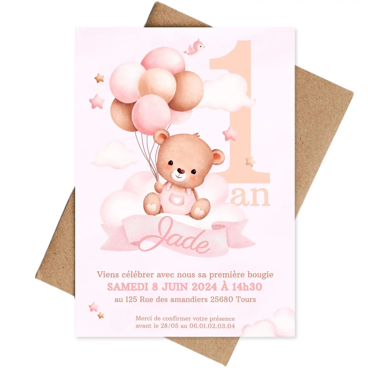 Invitations personnalisées anniversaire OURSON ROSE