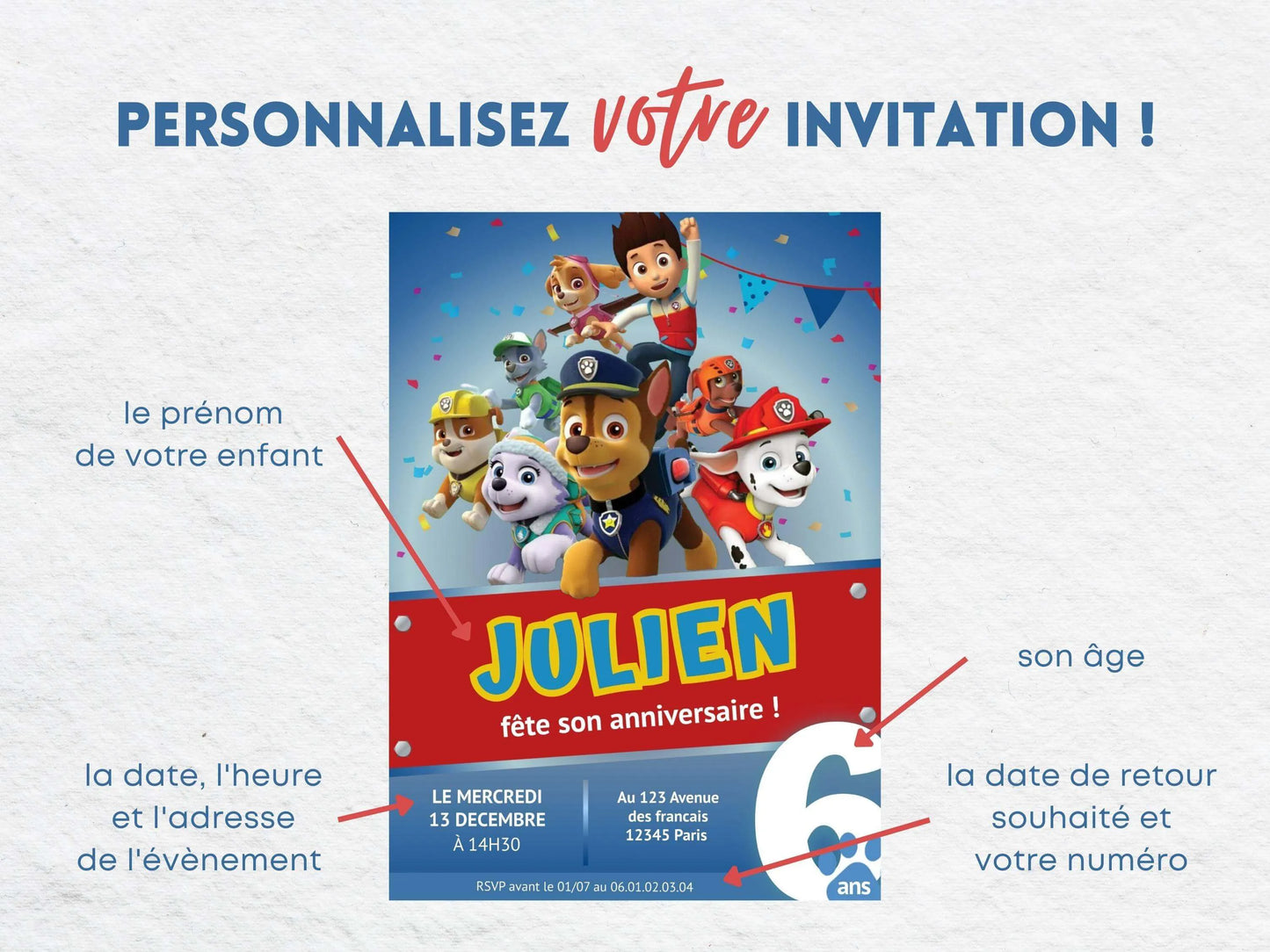 Invitations personnalisées anniversaire PAT'PATROUILLE