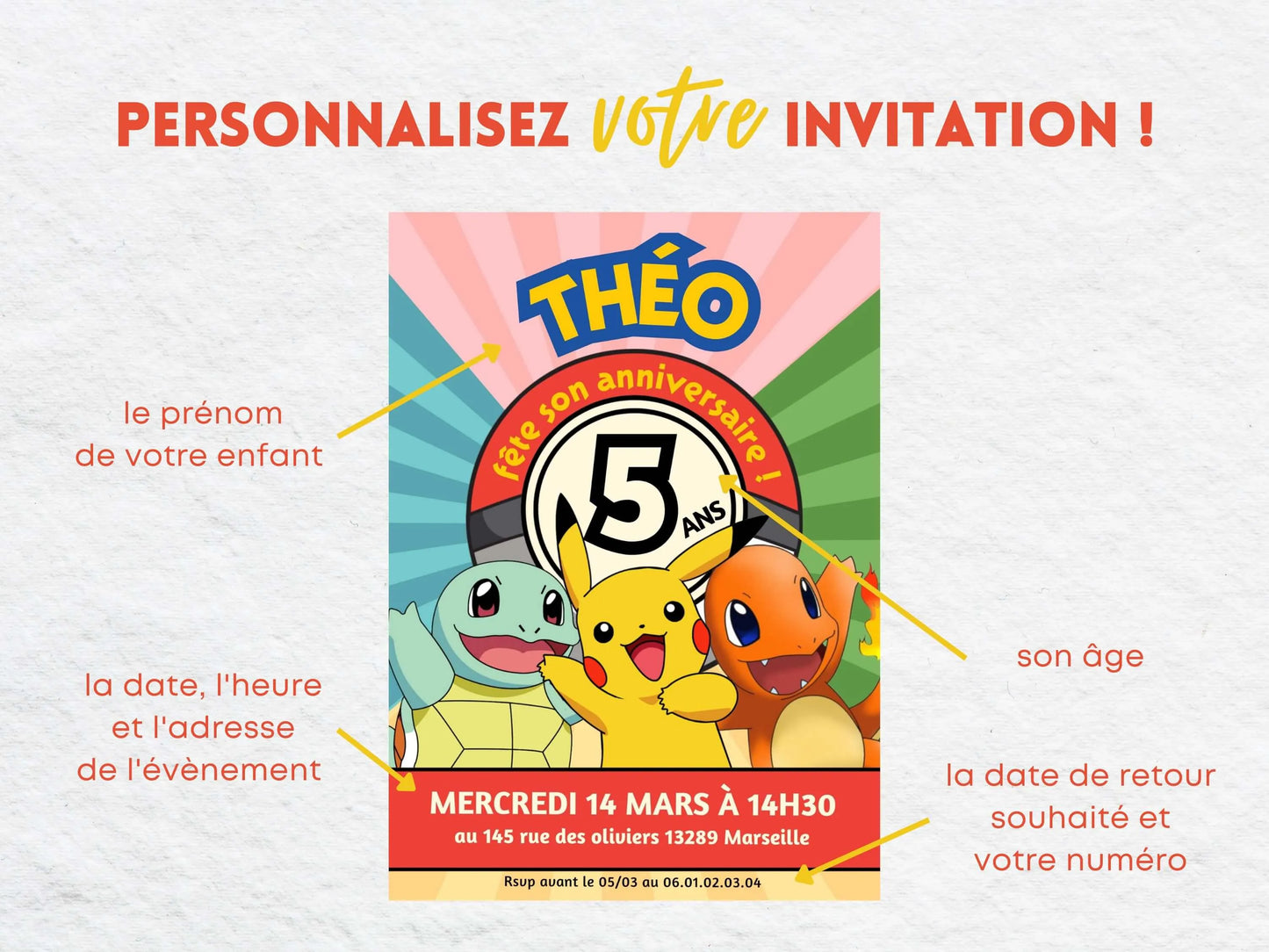 Invitations personnalisées anniversaire POKEMON